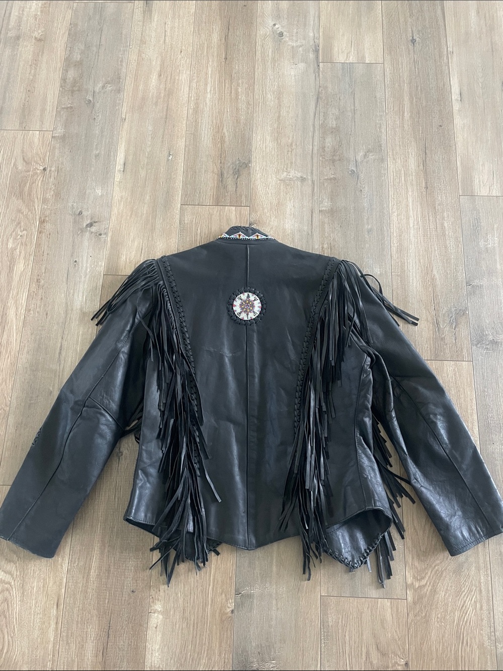 Black Leather Fringe Jacket with Beaded and Bone Accents - Picture 2 of 3